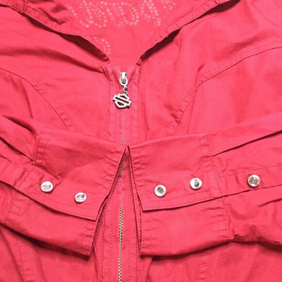 Harley Davidson Womens Zip Up Sequined Spell Out Logo Long Sleeve Top Red 1W - Picture 5 of 11